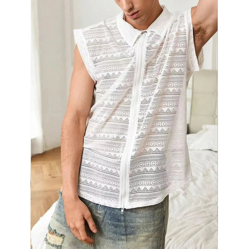 Hehope Men's Mesh Sleeveless Lace Shirt Summer New Fashion Loose Perspective Casual Sexy Zipper Tank Top Men Nightclub Tees Shirt