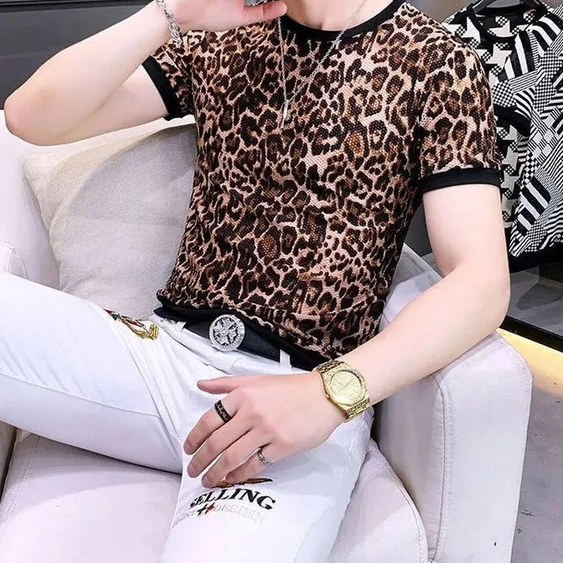 Hehope Summer Round Neck Men's Clothing Fashion Leopard Ice Silk Fabric Tops Man Grid Mesh Hollow Out All-match T-shirt