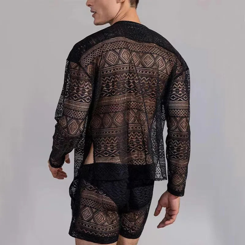 Hehope New Summer Men Two Piece Suits Sexy See Through Lace Outfits Beach Fashion Plain Pattern Print Long Sleeved Tops And Shorts Set