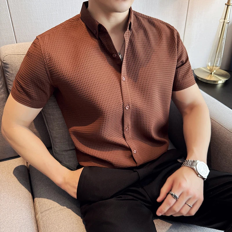 Hehope Summer Thin Men Shirts Breathable Waffle Short Sleeve Casual Business Dress Shirts Social Party Tuxedo Blouse Men Clothing 2024