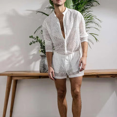 Hehope New Arrivals Men Set Summer Sexy See Through Lace Outfits Beach Fashion Short Sleeved Tops And Shorts Mens Two Piece Suits