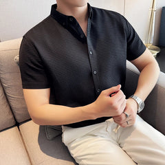 Hehope Summer Thin Men Shirts Breathable Waffle Short Sleeve Casual Business Dress Shirts Social Party Tuxedo Blouse Men Clothing 2024