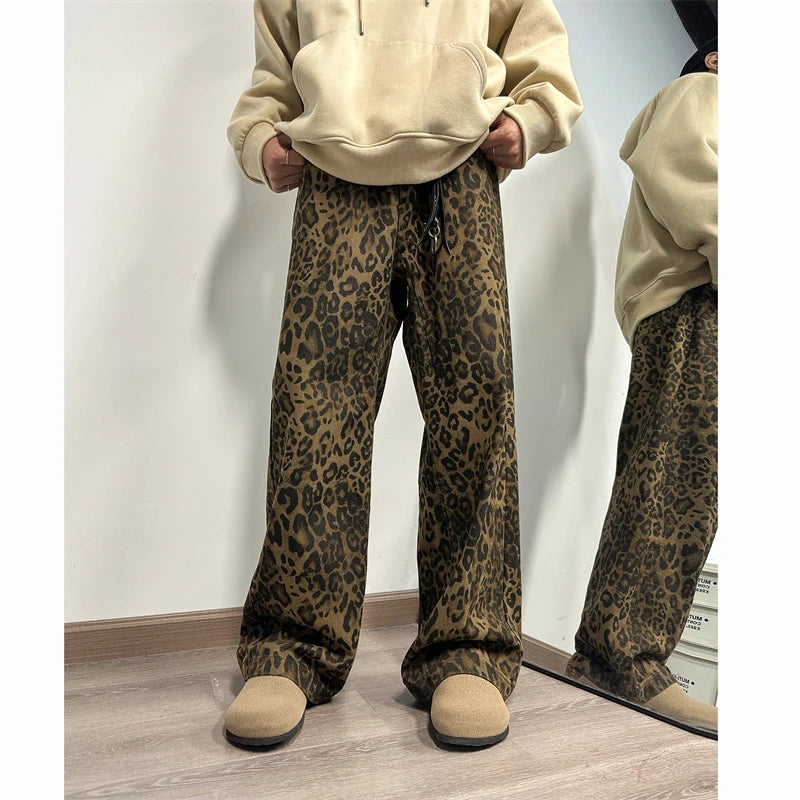 Hehope Leopard Printed Jeans Men Fashion Retro Printed Vintage Jeans Men Streetwear Hip-hop Loose Wide Leg Jeans Mens Denim Trousers