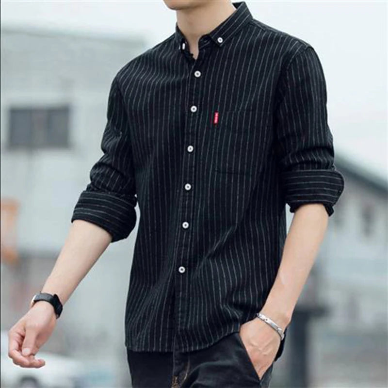 Hehope Autumn Winter New Korean Fashion Vintage Striped Long Sleeve Shirt Men Loose Casual All-match Buttons Top Women Polo-neck Blouse