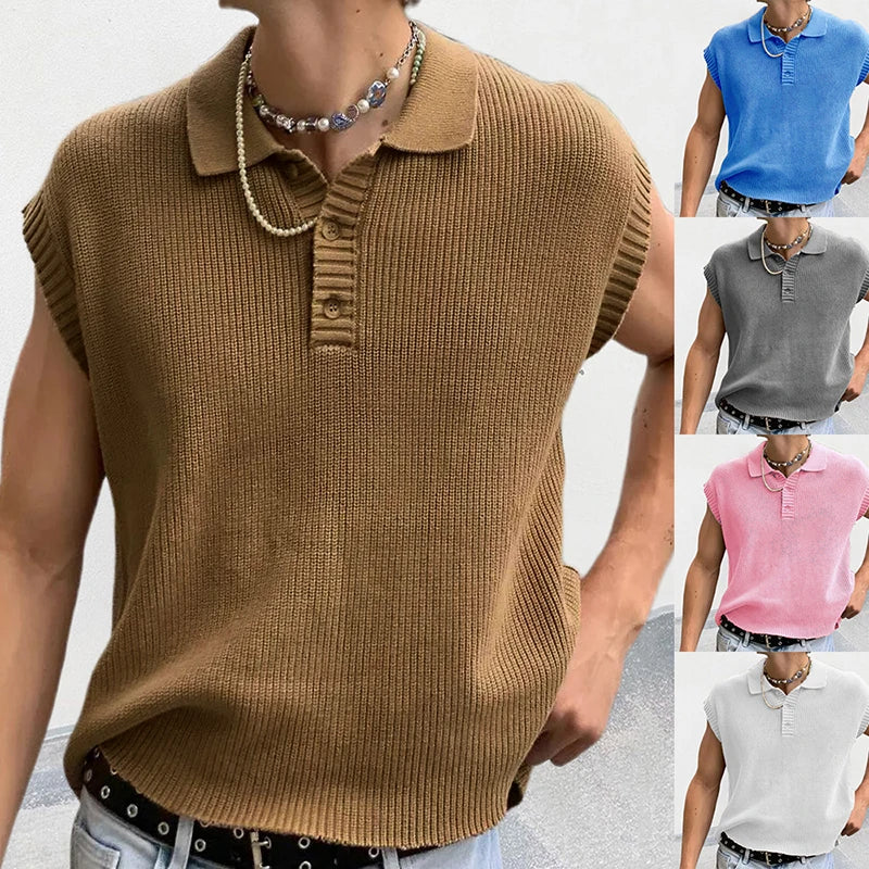 Hehope Leisure Solid Knitting Tops Men Sleeveless Buttoned Turn-down Collar Knit Vest Shirts Spring Summer Men's Clothing Fashion