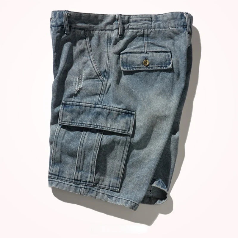 Hehope Shorts for Denim Men's Tooling, Cat's Whiskers, Straight Pants, Old Retro Pants, Versatile Multi-bag Pants