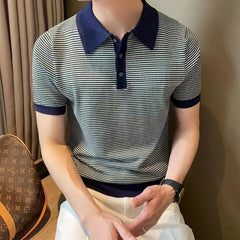 Hehope Summer Fashion Smart Casual Trendy New Ice Silk Knit Polo Shirt Men's Panelled Stripe Lapel Button Versatile Short Sleeved Top