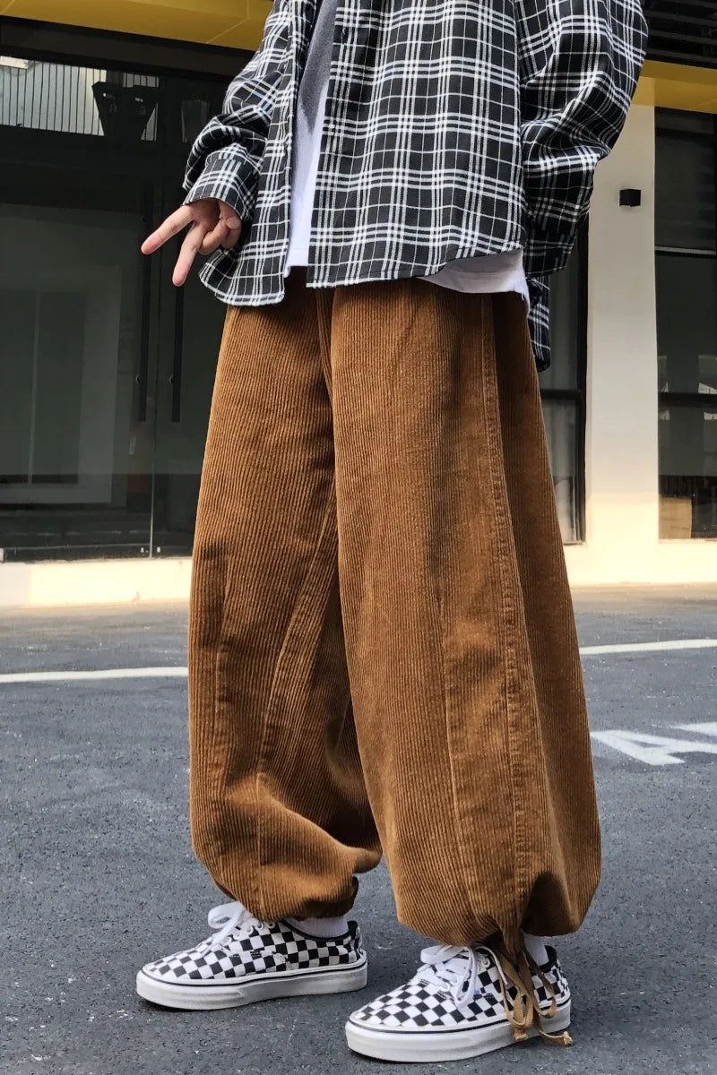 Hehope Japanese Streetwear Corduroy Wide-leg Cargo Pants Men Autumn Retro Hip Hop Trousers Male Joggers Loose Drawstring Casual Pants