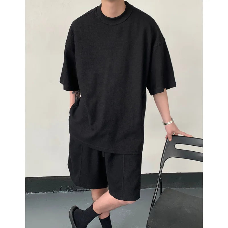 Hehope Summer Set Men Fashion Black Green Sports Set Men Streetwear Korean Loose Short Sleeved T-shirts Shorts Set Mens Short Sets