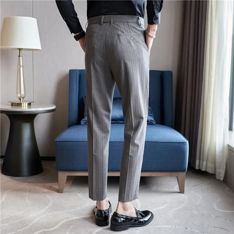 Hehope Men Striped Suit Pants Autumn New Casual Straight Formal Dress Trousers Slim Fit Pantalon Homme Wedding Party Men Clothing