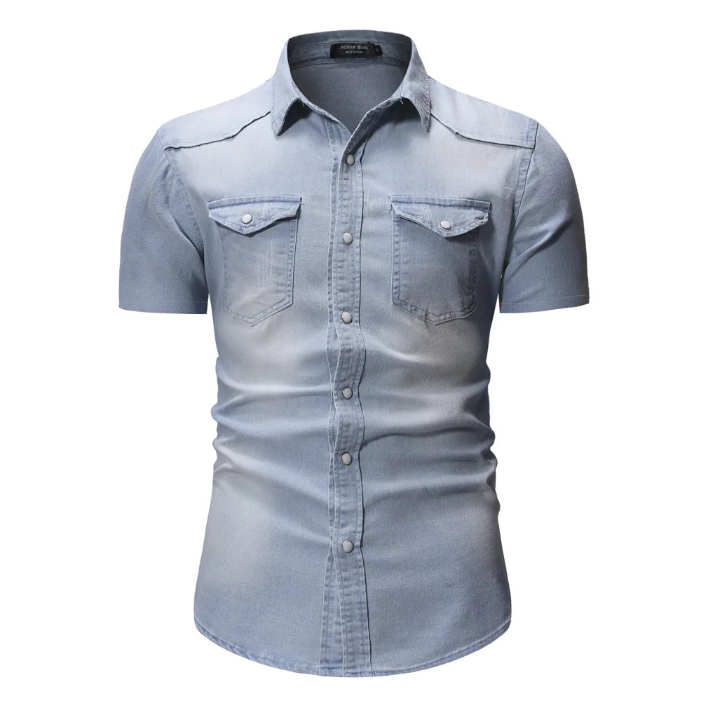 Hehope Summer New Simple Men Denim Shirt Casual Business Mens Short Sleeve Shirts Fashion Polo Collar Male Tops