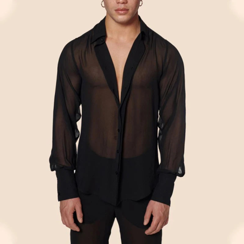 Hehope Fashion Men's Streetwear Shirts Sexy Deep V Neck See Through Mesh Shirt For Men Summer Casual Lantern Sleeve Tops Clothing