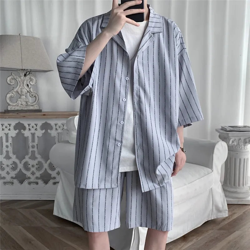 Hehope Summer Men Shorts Set Matching Shirts Letter Striped Floral Printing Outfits Short Sleeve Elastic Waist Thin Oversize Suit Man