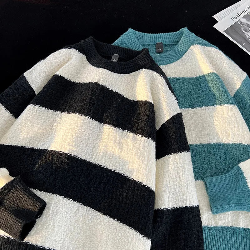 Hehope Autumn and Winter Round Neck Color Blocking Striped Knitted Sweater Casual Versatile Two-color Knitted Pullover Windproof  Warm