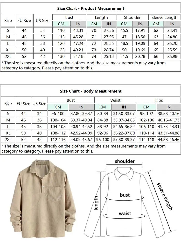 Hehope Corduroy Men's Shirts Solid Half Button Turndown Collar Long Sleeves Shirt Fall Spring Streetwear Overshirt Tops