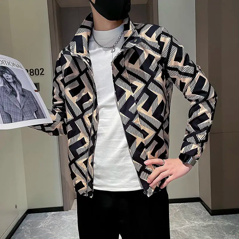 Hehope Spring Autumn New Fashion Stand Collar Long Sleeve Printing Men's Clothing Jackets Casual Loose Korean Temperament Trend Tops