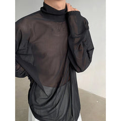 Hehope Sexy Perspective High-neck Long Sleeve T Shirt Men Women Net Yarn Bottoming Shirt Spring Summer Transparent Black Tee Shirts