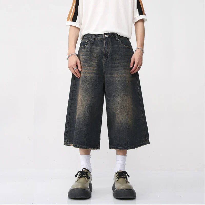 Hehope 2024 Korean Fashion Summer Men's Retro Jeans Wide Leg Knee Length Shorts Flared Flare Fit Jeans Male