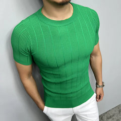 Hehope Summer Short Sleeve Knitted T-shirt Men Striped Round Neck T-shirts Elasticity Slim Fit Casual Business Social Bottoming Shirt