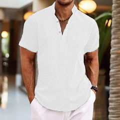 Hehope Beach Style Casual Shirt Mens Tops Loose Breathable Short Sleeve Pure Color Pullovers Men Summer Fashion Stand Collar Button Tee