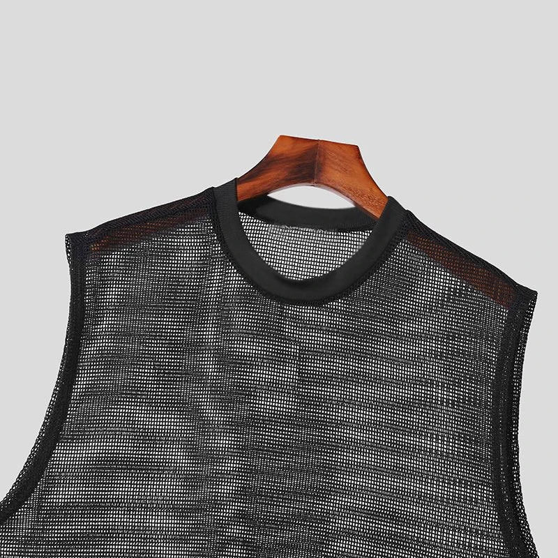 Hehope 2024 Summer Hip Hop Mens Tank Tops See Through Hollow Out Breathable Mesh Vest Sexy Men Sleeveless O Neck Loose Casual Camisoles