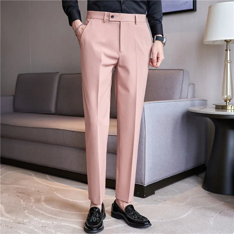 Hehope Men's Suit Pants Autumn Pink Blue Slim Fit Business Formal Trousers British Style Handsome Casual Dress Pants Men Clothing