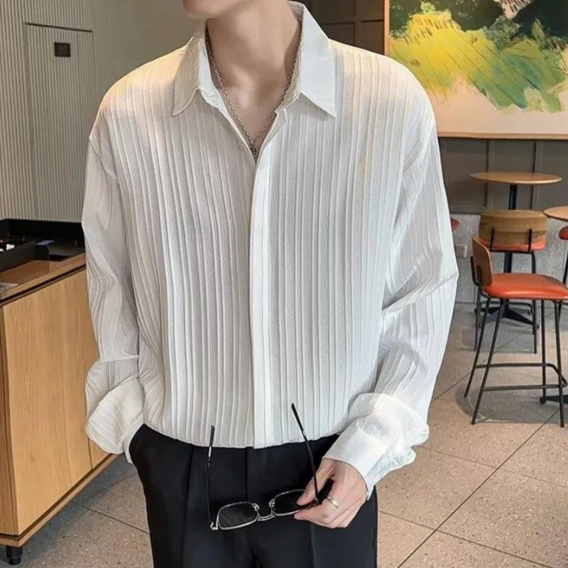 Hehope Solid Color Long Sleeved Shirt Men Slim Fit Fashion Social Mens Dress Shirt Korean Pleated Shirt Mens Casual Shirts M-2XL