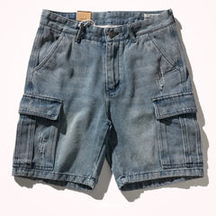 Hehope Shorts for Denim Men's Tooling, Cat's Whiskers, Straight Pants, Old Retro Pants, Versatile Multi-bag Pants