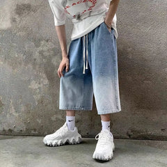 Hehope High Street Trendy Gradient Jeans Men Summer Thin Elastic Waist Drawstring Pockets Loose Casual Denim Wide Leg Calf Length Pants