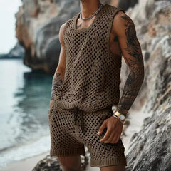 Hehope Men's Suits Summer Leisure Knit Clothing Solid Hollow Out Solid Casual Sleeveless Vest And Shorts Two Piece Sets Men Outfits