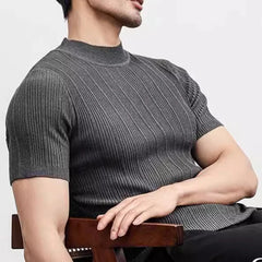 Hehope 2024 Spring Summer Casual Knit T Shirts For Men Solid Color Short-sleeved Slim Jumper Tops Mens Knitwear Fashion Mock Neck Tees