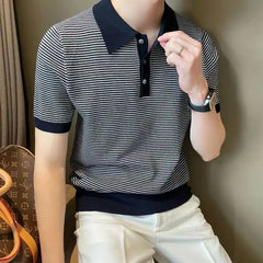 Hehope Summer Fashion Smart Casual Trendy New Ice Silk Knit Polo Shirt Men's Panelled Stripe Lapel Button Versatile Short Sleeved Top