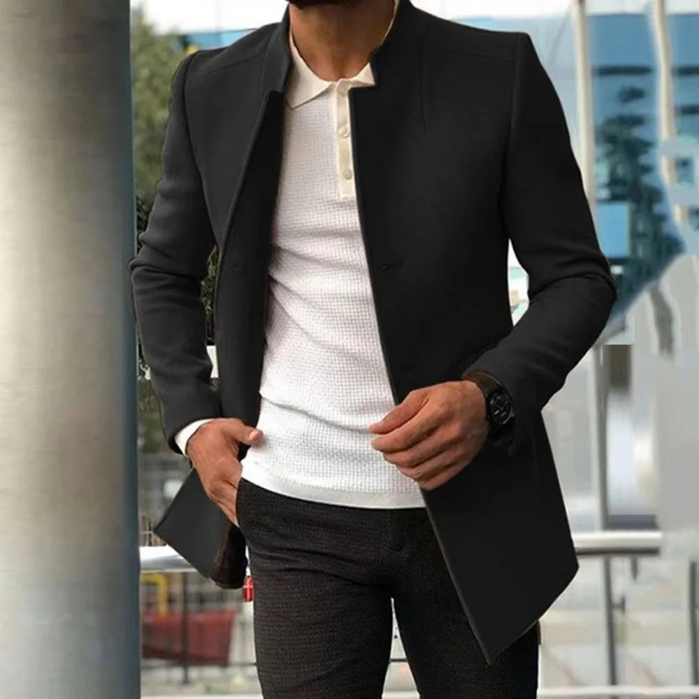 Hehope Autumn Winter New Men Blazer Jacket Man Solid Color Windbreaker Cardigan Long Woolen Coats Fashion Casual Simple Daily Clothing