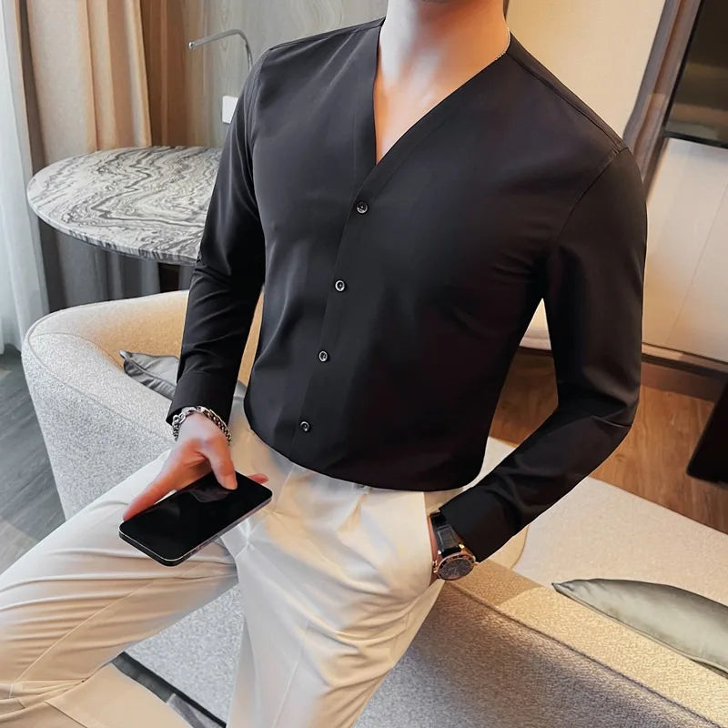 Hehope Solid Color Scarless Elastic Shirt Men Fashion V-neck Slim Casual Business Dress Shirts Social Party Tuxedo Blouse Men Clothing