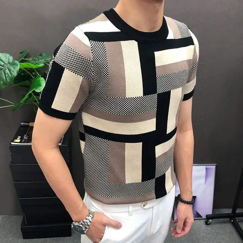 Hehope High Quality Geometry Short Sleeve T-shirt Korean Slim Bottomed Shirt  Steampunk Letter Print Knitted Sweater Tshirt Male