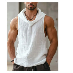 Hehope Men's Sleeveless Tee Tops Basketball Vest Summer Cotton and Linen Men's Vest Personalized White Hooded Vest Casual Sweatshirt