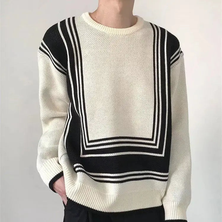 Hehope Autumn Winter Striped Knit Sweater for Men Thickened Knitted Sweater Loose Pullover Round Neck Jumper Mens Clothing