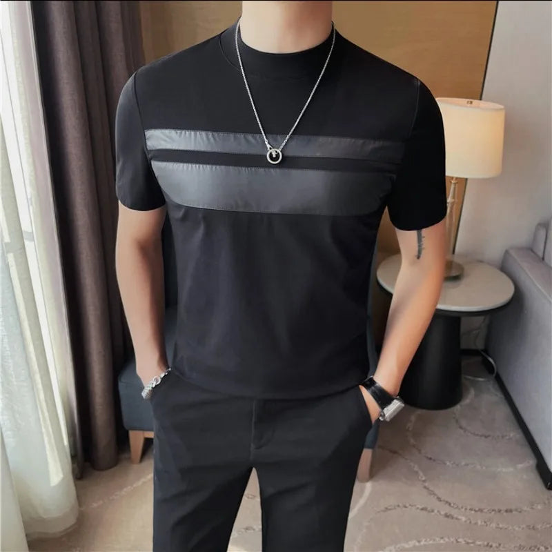 Hehope 2024 Summer PU Splicing T-shirts Men Short Sleeve Round Necked Slim Casual Tshirts Social Party Tee Tops Streetwear Men Clothing