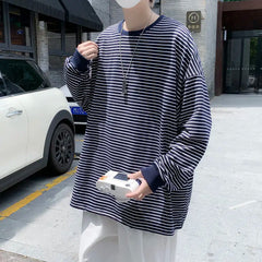 Hehope New Spring and Autumn Fashion Hong Kong Style Stripes Lazy Fashion Brand Handsome Youth Trend Casual Men's T-shirt