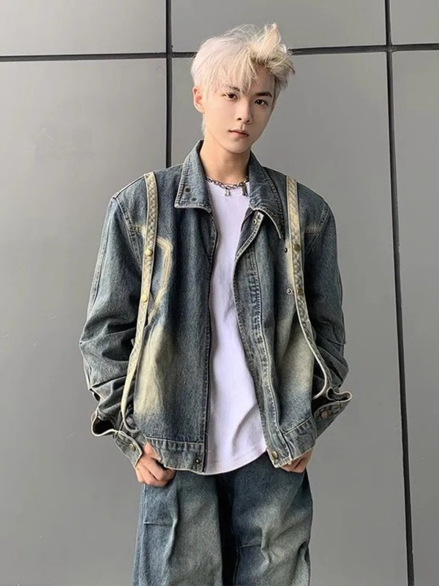 Hehope Vintage Zipper Denim Jacket Men American Spring Autumn Chic 2024 New Hip Hop Casual Jeans Coat Loose Retro Outerwear