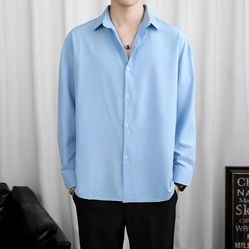 Hehope Korean Fashion Mens Shirts Summer Thin Ice Silk Long Sleeve Shirt Men Young Handsome Loose Solid Color Drape Shirt 4xl