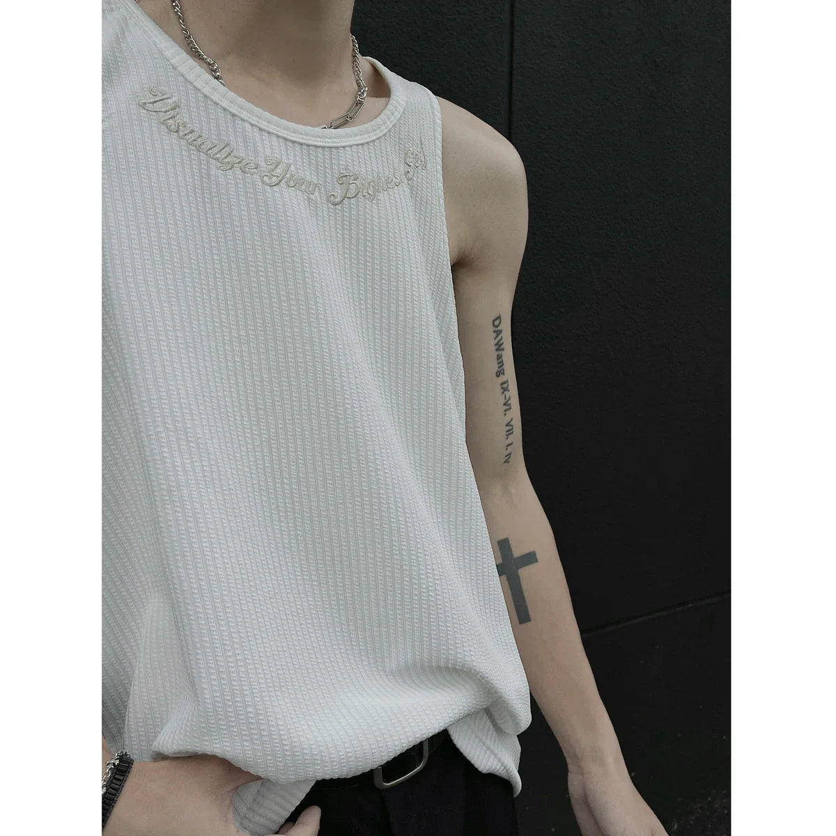 Hehope Summer Men's Letter Embroidery Tank Top Black White Oversized Sleeveless T-shirts for Men