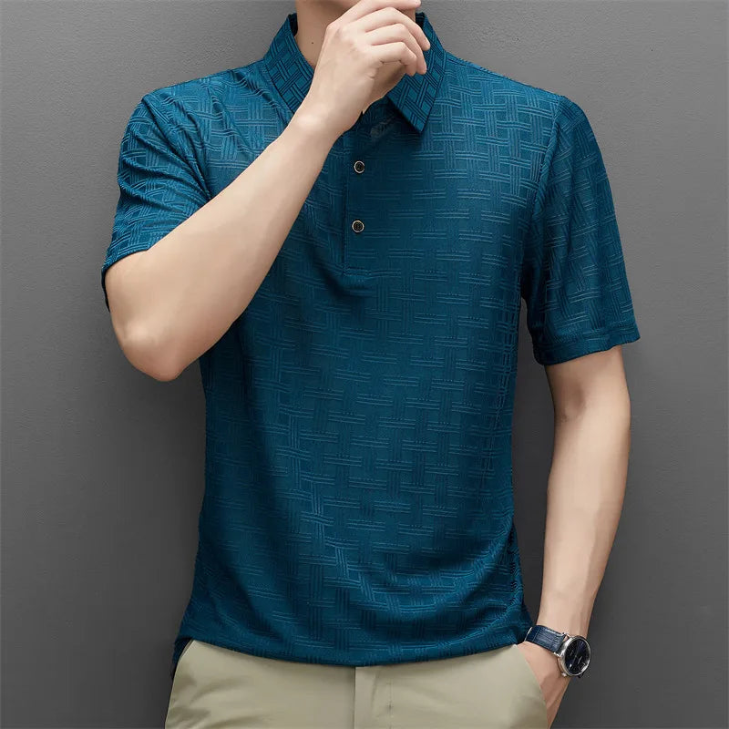 Hehope Men Fashion Business Casual Button Polo Collar Shirts Summer Short Sleeve Solid Color T-shirt Breathable Textured Pullover Tops