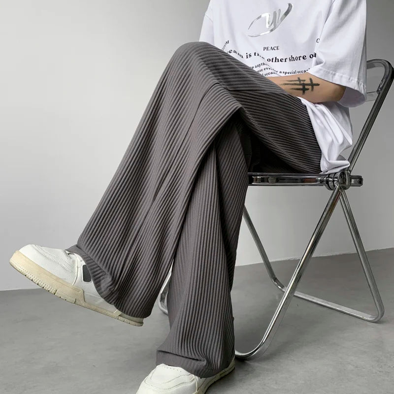 Hehope Summer Pleated Pants Men Fashion Oversized Ice Silk Pants Men Japanese Streetwear Hip-hop Loose Straight Pants Mens Trousers