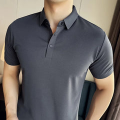 Hehope Men Polo Shirt 2024 Summer New Ice Silk Lightweight traceless Solid Casual Elastic Slim Fit Short Sleeved T-shirt Men Clothing