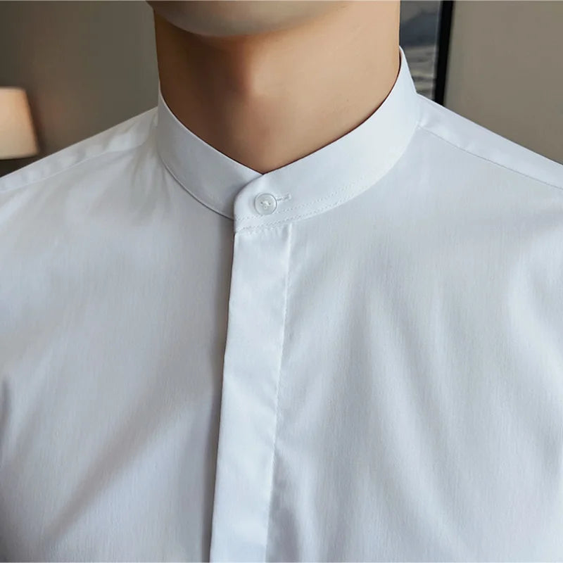 Hehope Brand New Fashion Stand Collar Solid Slim Fit Shirts Mens Casual Luxury Long Sleeve Party Wedding Business Dress Shirts