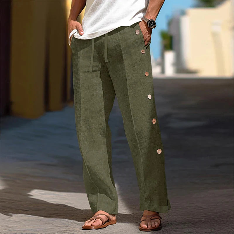 Hehope 2024 Summer Men's Casual Pants Beach Leisure Breathable Loose Solid Color Trousers For Men Fashion Side Buttoned Straight Pants