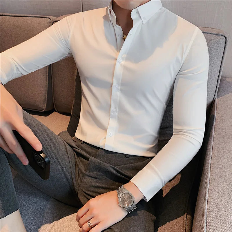 Hehope British Style Men Long Sleeved Shirt 2024 Autumn Anti-wrinkle Soft Solid Casual Elastic Slim Fit Camisas Y Blusas Men Clothing