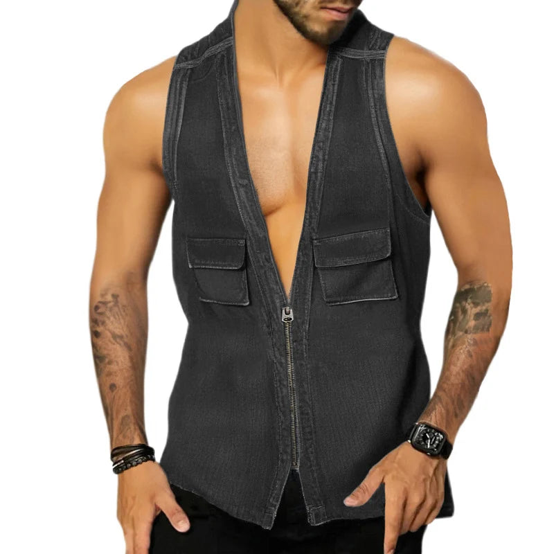 Hehope Sexy V Neck Zip-up Denim Vest Shirts Men Sleeveless Patchwork Pockets Design Jean Tank Tops Mens Summer Vintage Solid Camisoles