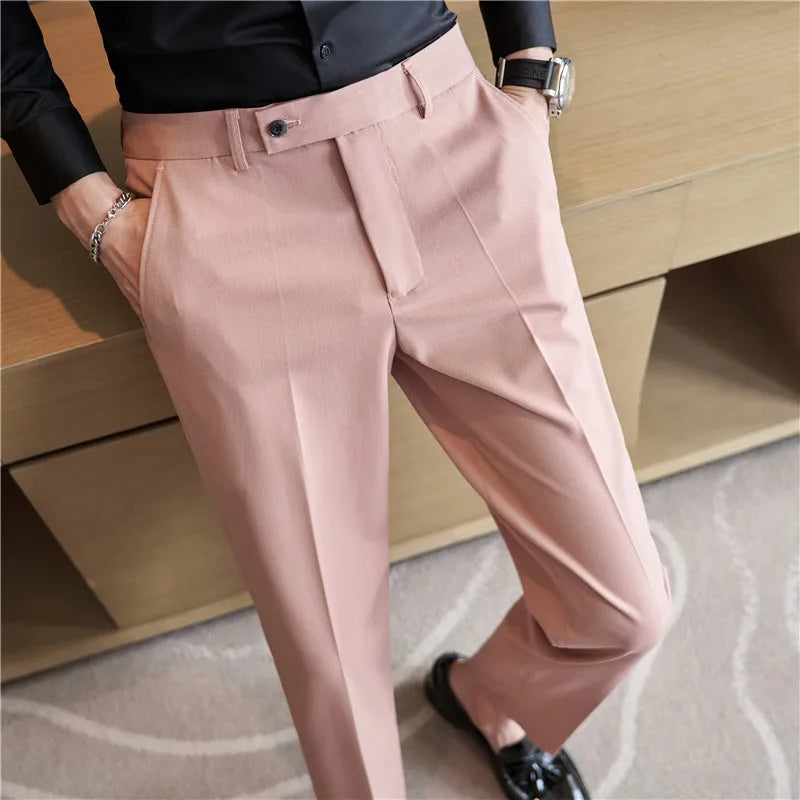 Hehope Men's Suit Pants Autumn Pink Blue Slim Fit Business Formal Trousers British Style Handsome Casual Dress Pants Men Clothing